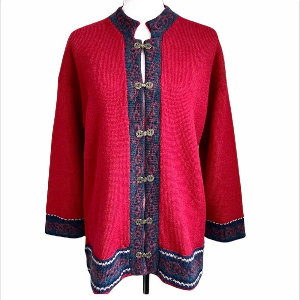 Red Women's Sweater with Blue Accents